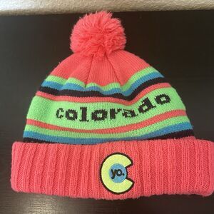 YoColorado Retro Flyer Beanie Cuff Bright Pink Green‎ Pompom Puff